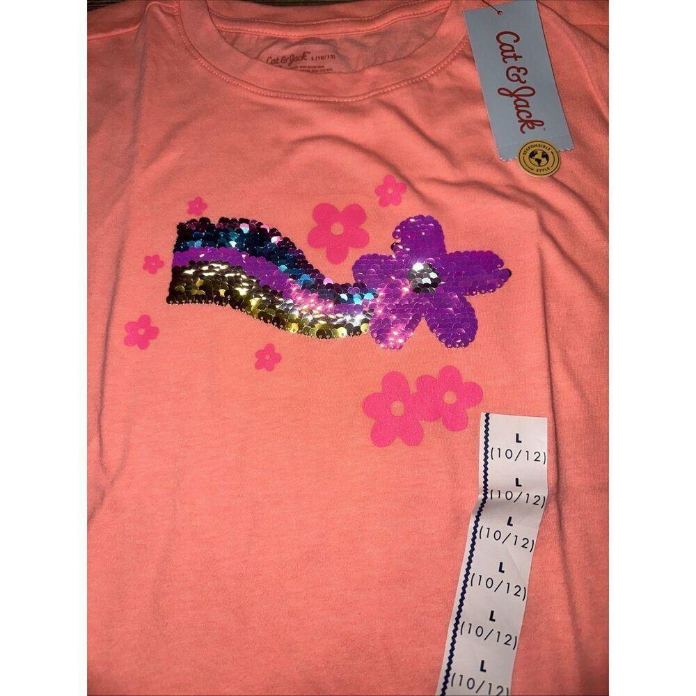 Girls' Flip Sequin 'Flower' Short Sleeve Graphic T-Shirt Large- Cat & Jack. Q - Picture 3 of 5